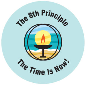 Light blue circle with the chalice and the words"The 8th Principle The Time is Now!