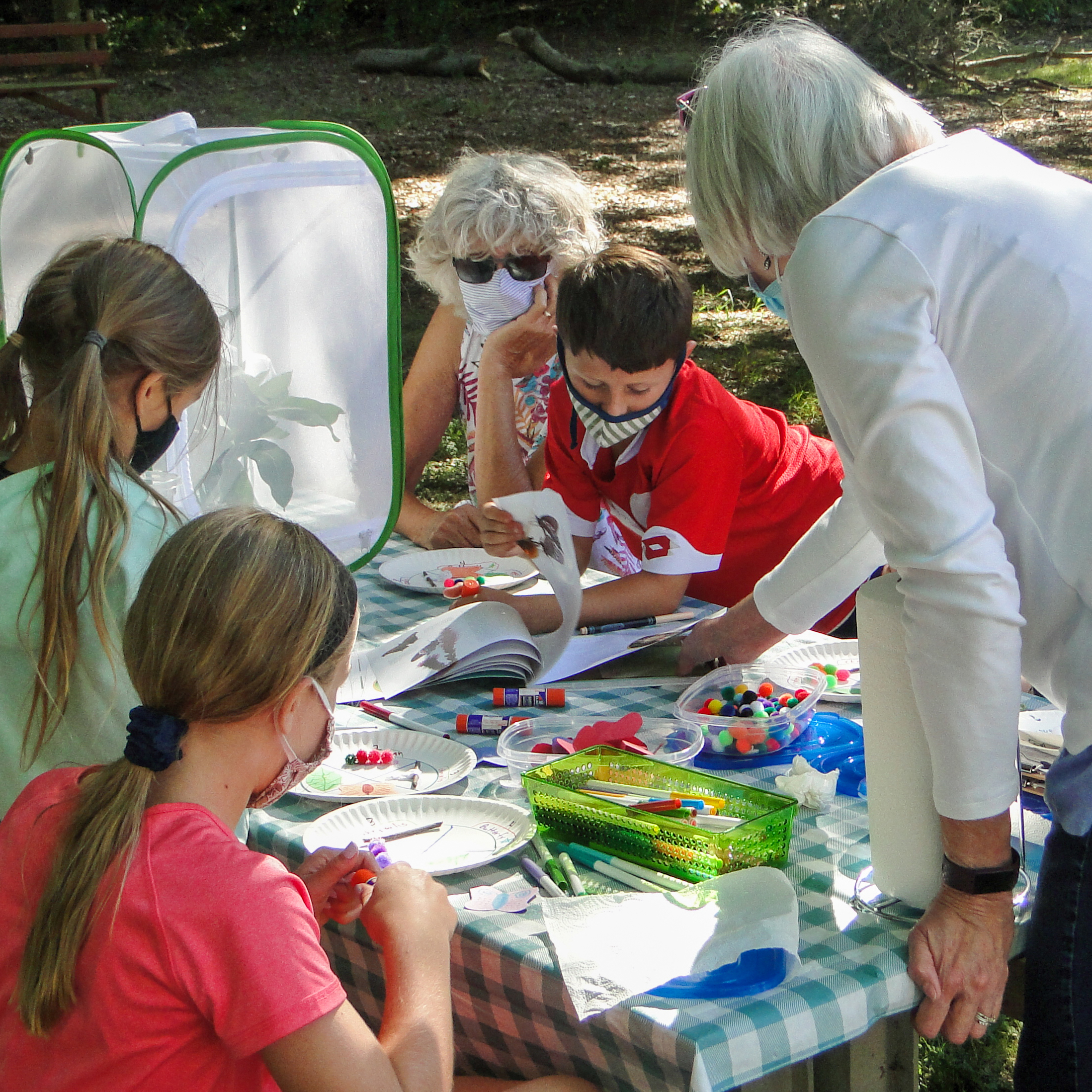 two adults and three children at a table with drawing supplies and a butterfly cage