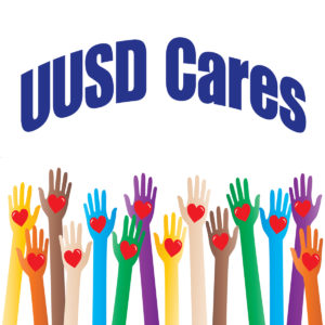 Logo showing UUSD Cares with different colored hand with hearts in the palms