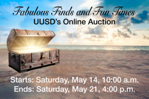 Graphic ad for the UUSD Auction with a treasure chest on a beach
