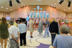 Congregants walking the labyrinth.